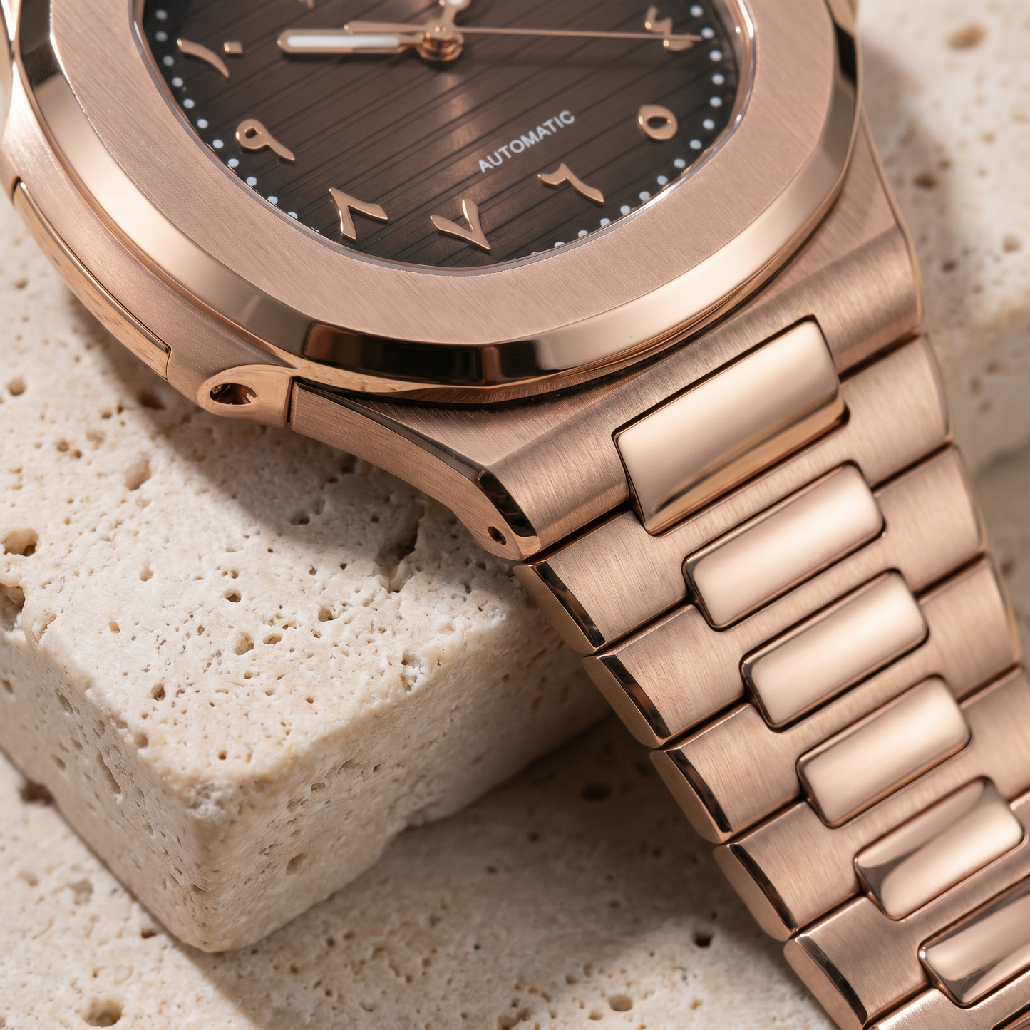 Nautilus-style custom mod watch, Velanti Milano Nautvel Arabic Rose Gold Chocolate, product photo 4