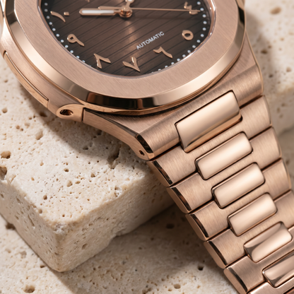 Nautilus-style custom mod watch, Velanti Milano Nautvel Arabic Rose Gold Chocolate, product photo 4