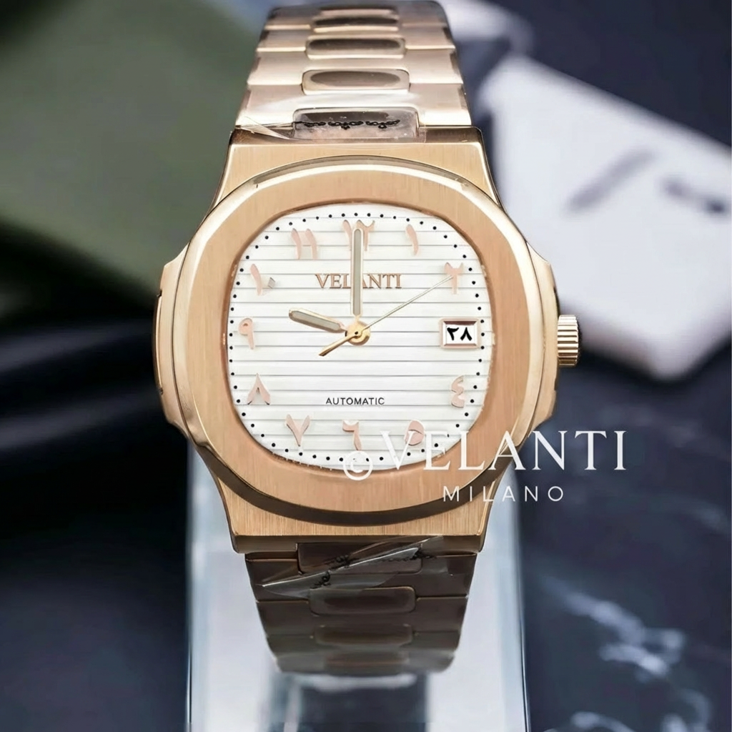Nautilus-style custom mod watch, Velanti Milano Nautvel Arabic Rose Gold White, product photo 2