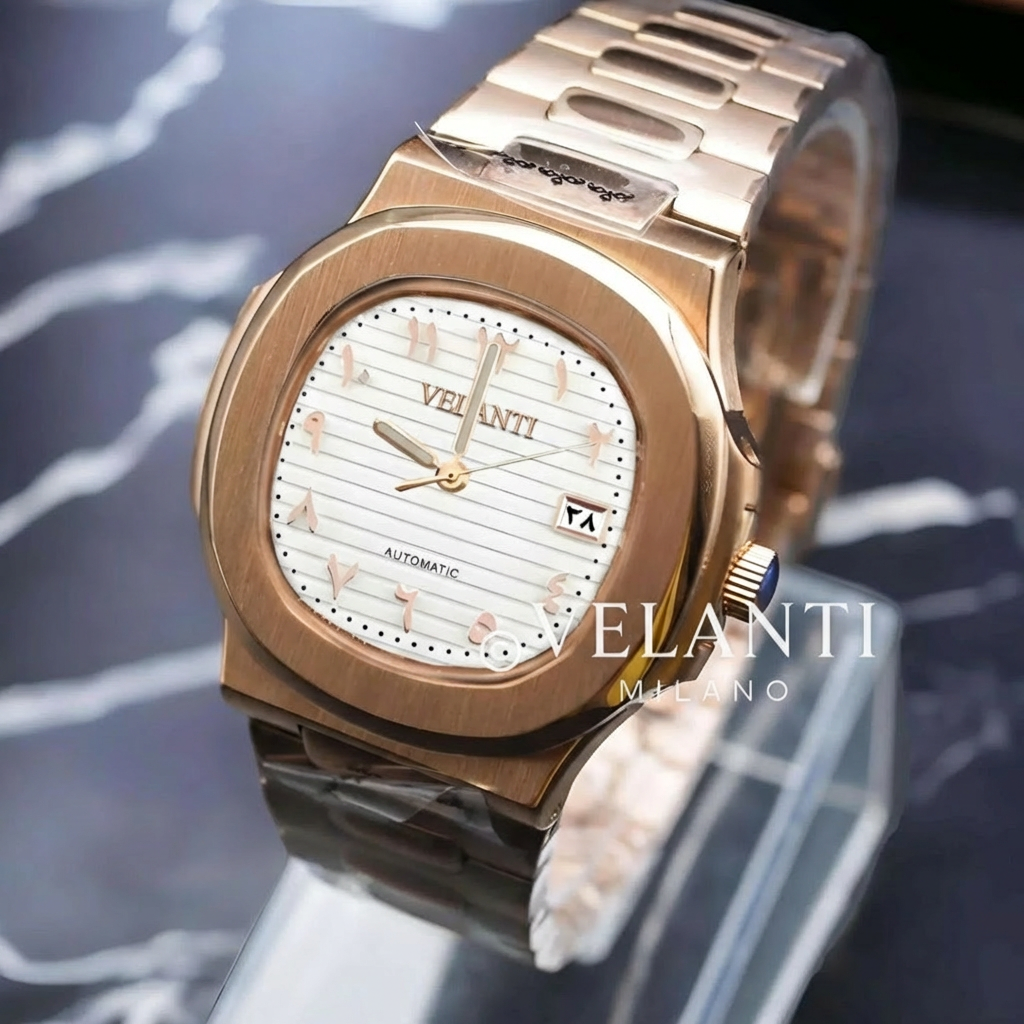 Nautilus-style custom mod watch, Velanti Milano Nautvel Arabic Rose Gold White, product photo 3