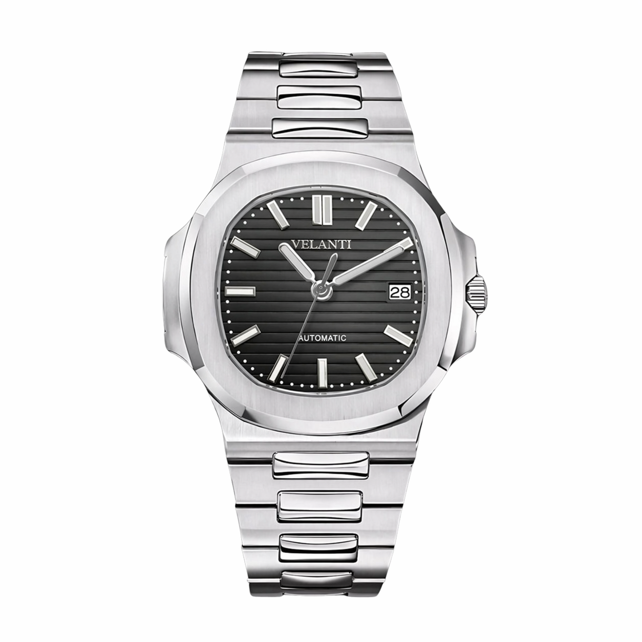Nautilus-style custom mod watch, Velanti Milano Nautvel Black, main product photo