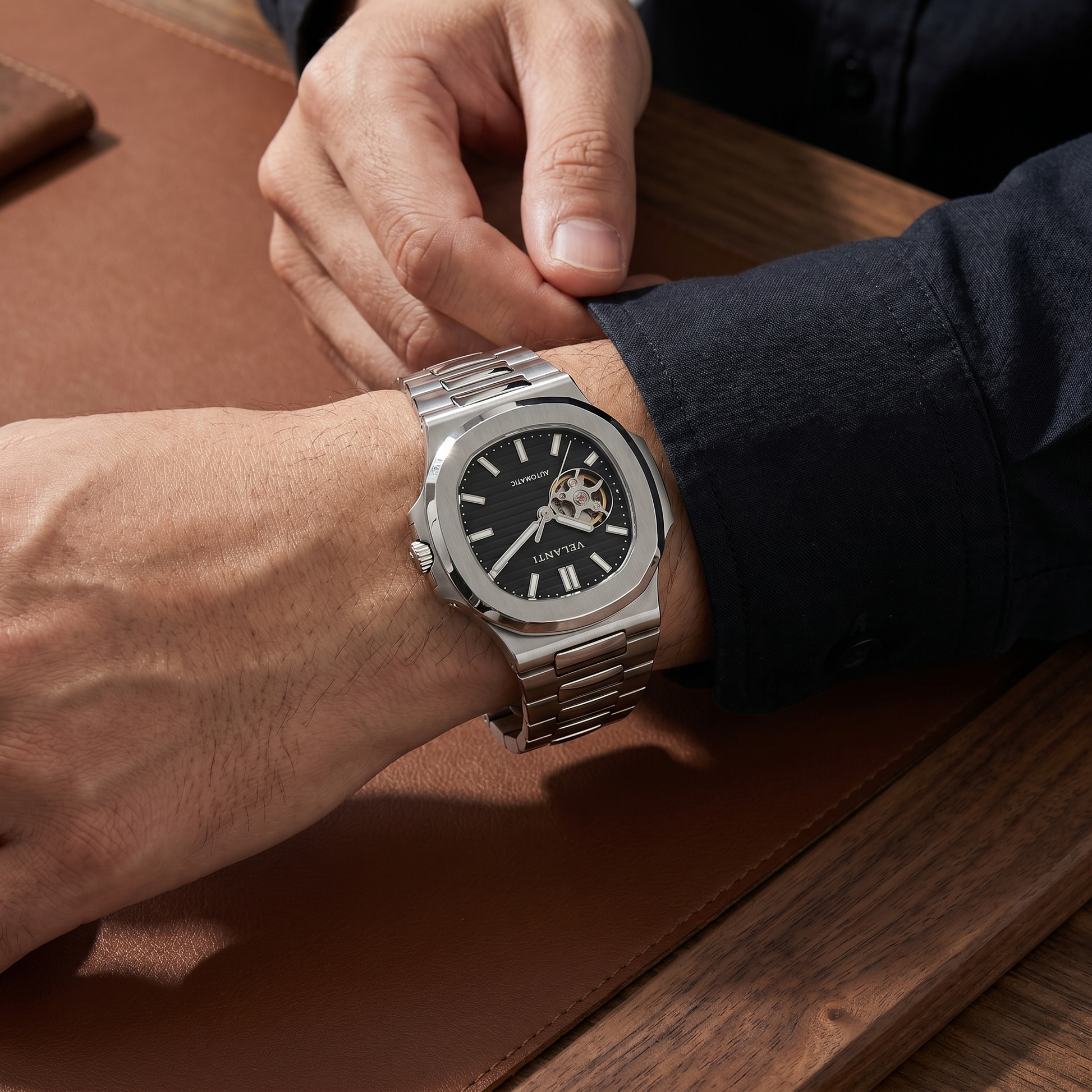 Nautilus-style custom mod watch, Velanti Milano Nautvel Black Open Movement worn on wrist