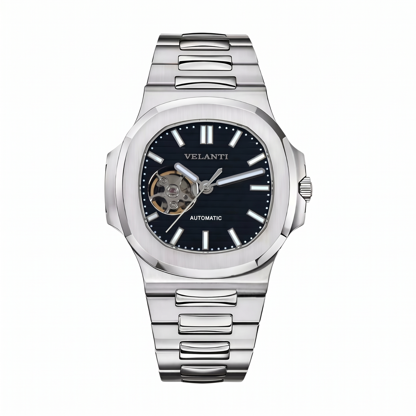 Nautilus-style custom mod watch, Velanti Milano Nautvel Black Open Movement, main product photo