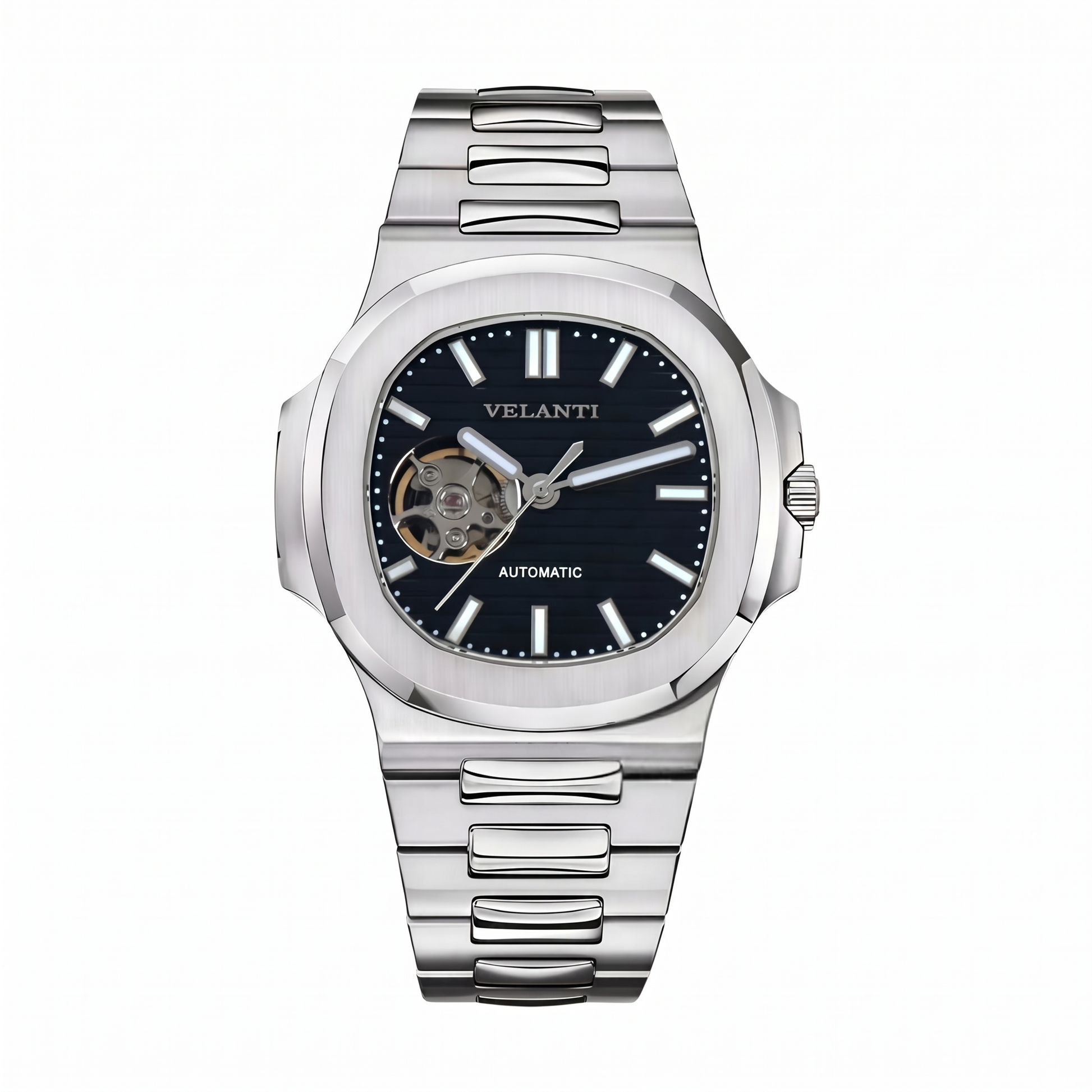 Nautilus-style custom mod watch, Velanti Milano Nautvel Black Open Movement, main product photo