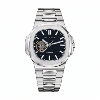 Nautilus-style custom mod watch, Velanti Milano Nautvel Black Open Movement, main product photo