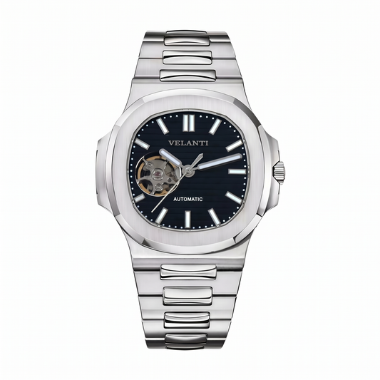 Nautilus-style custom mod watch, Velanti Milano Nautvel Black Open Movement, main product photo