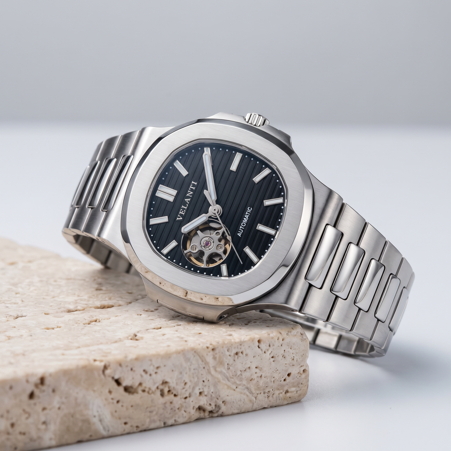 Nautilus-style custom mod watch, Velanti Milano Nautvel Black Open Movement, product photo 2