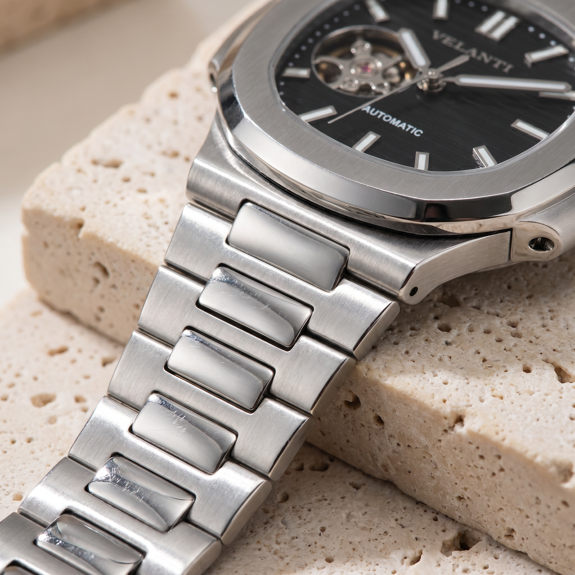 Nautilus-style custom mod watch, Velanti Milano Nautvel Black Open Movement, product photo 4