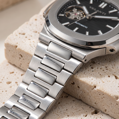 Nautilus-style custom mod watch, Velanti Milano Nautvel Black Open Movement, product photo 4