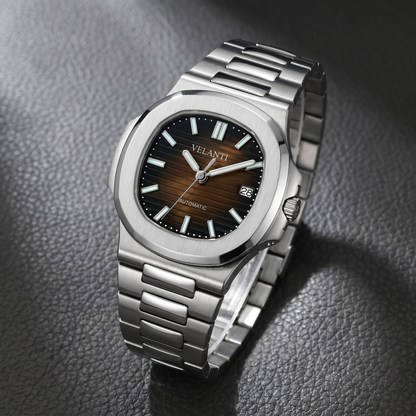 Nautilus-style custom automatic watch, Velanti Milano Nautvel Brown, bracelet detail photo
