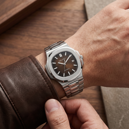 Nautilus-style custom mod watch, Velanti Milano Nautvel Brown worn on wrist photo 6