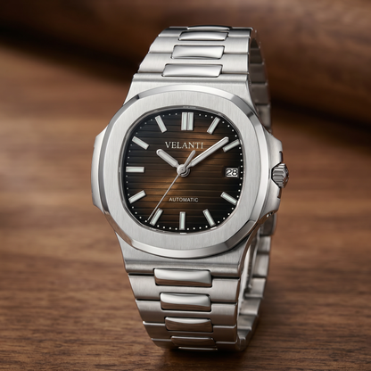 Nautilus-style custom automatic watch, Velanti Milano Nautvel Brown, watch detail photo