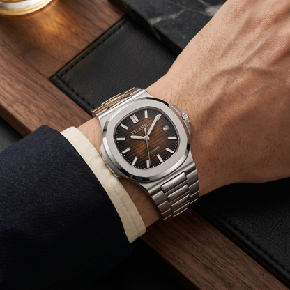 Nautilus-style custom mod watch, Velanti Milano Nautvel Brown worn on wrist photo 8