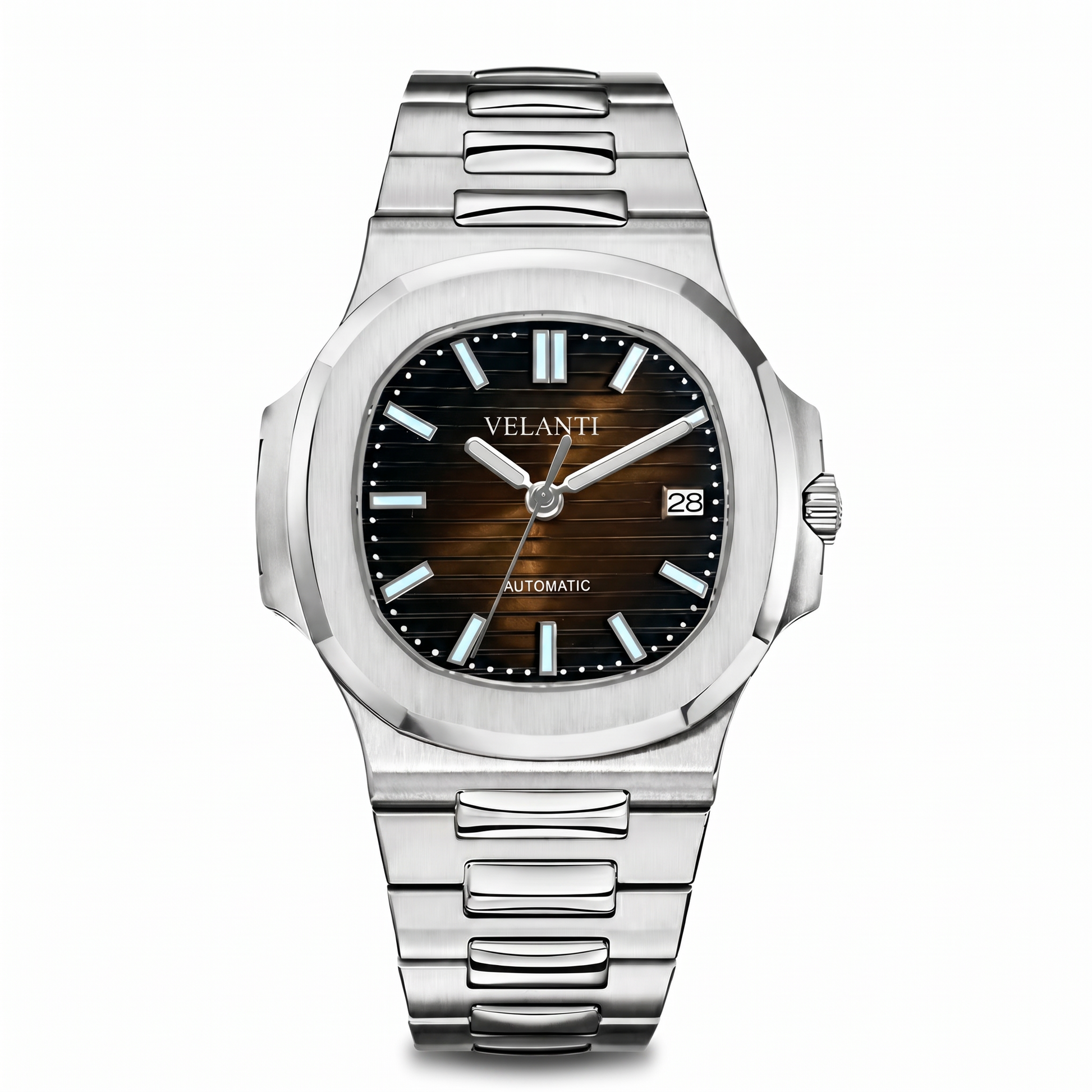 Nautilus-style custom mod watch, Velanti Milano Nautvel Brown, main product photo