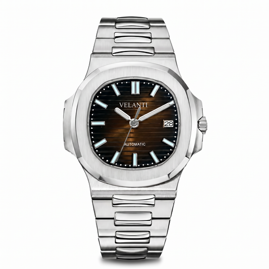 Nautilus-style custom mod watch, Velanti Milano Nautvel Brown, main product photo