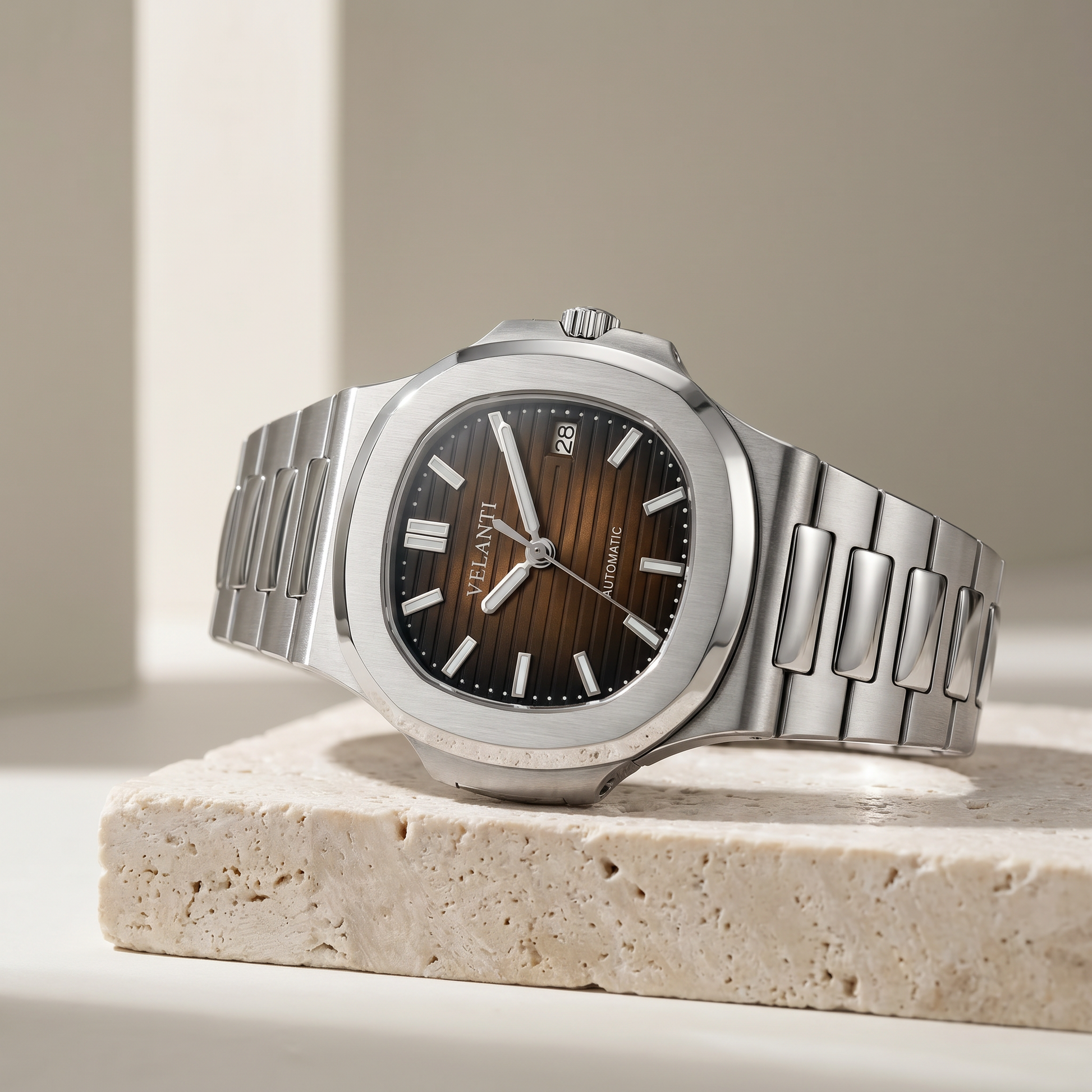 Nautilus-style custom mod watch, Velanti Milano Nautvel Brown, product photo 2
