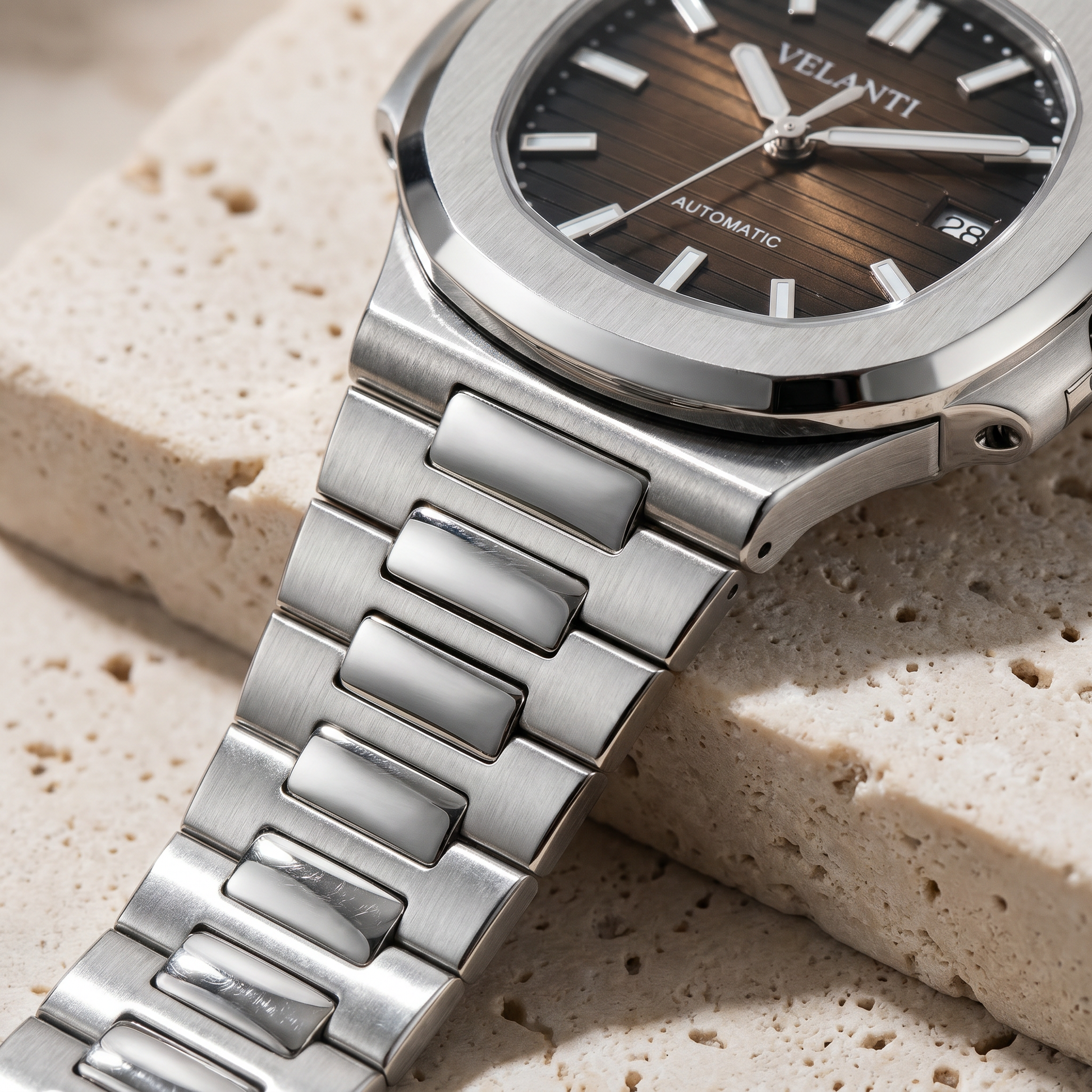 Nautilus-style custom mod watch, Velanti Milano Nautvel Brown, product photo 4