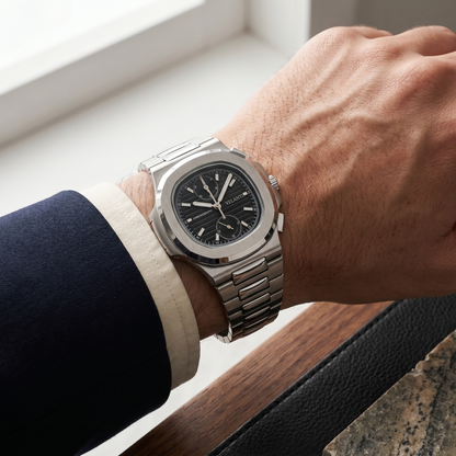 Nautilus-style custom chronograph watch, Velanti Milano Nautvel Chrono Black worn on wrist photo 12