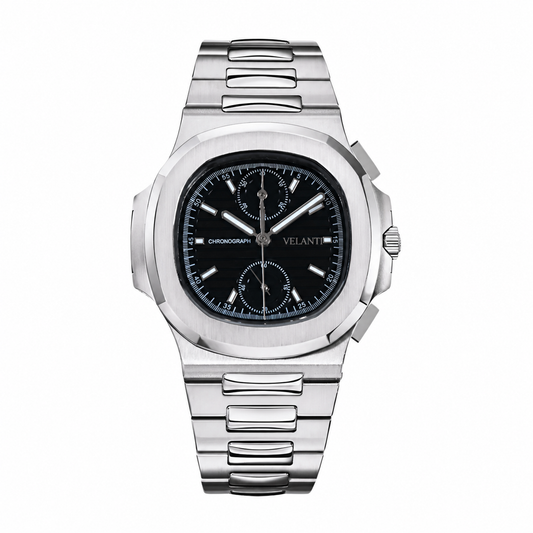 Nautilus-style custom chronograph watch, Velanti Milano Nautvel Chrono Black, main product photo