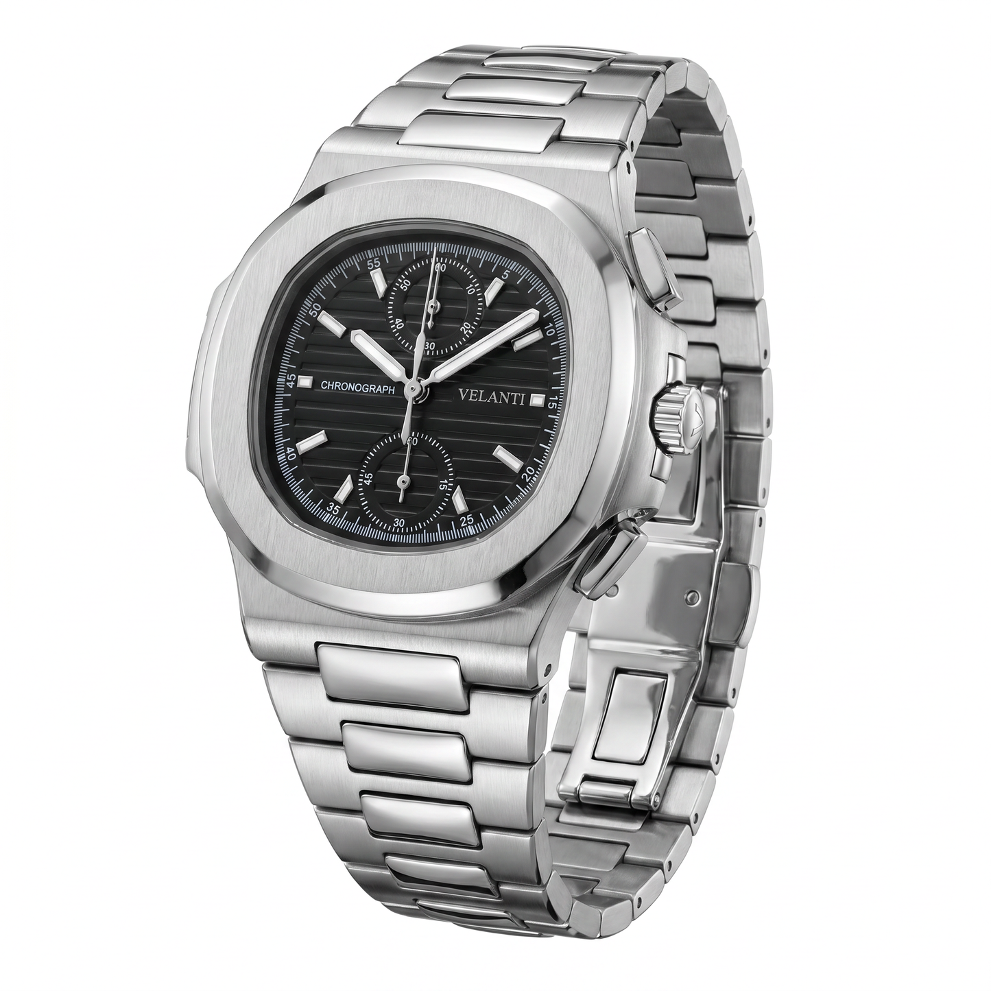 Nautilus-style custom chronograph watch, Velanti Milano Nautvel Chrono Black, product photo 6