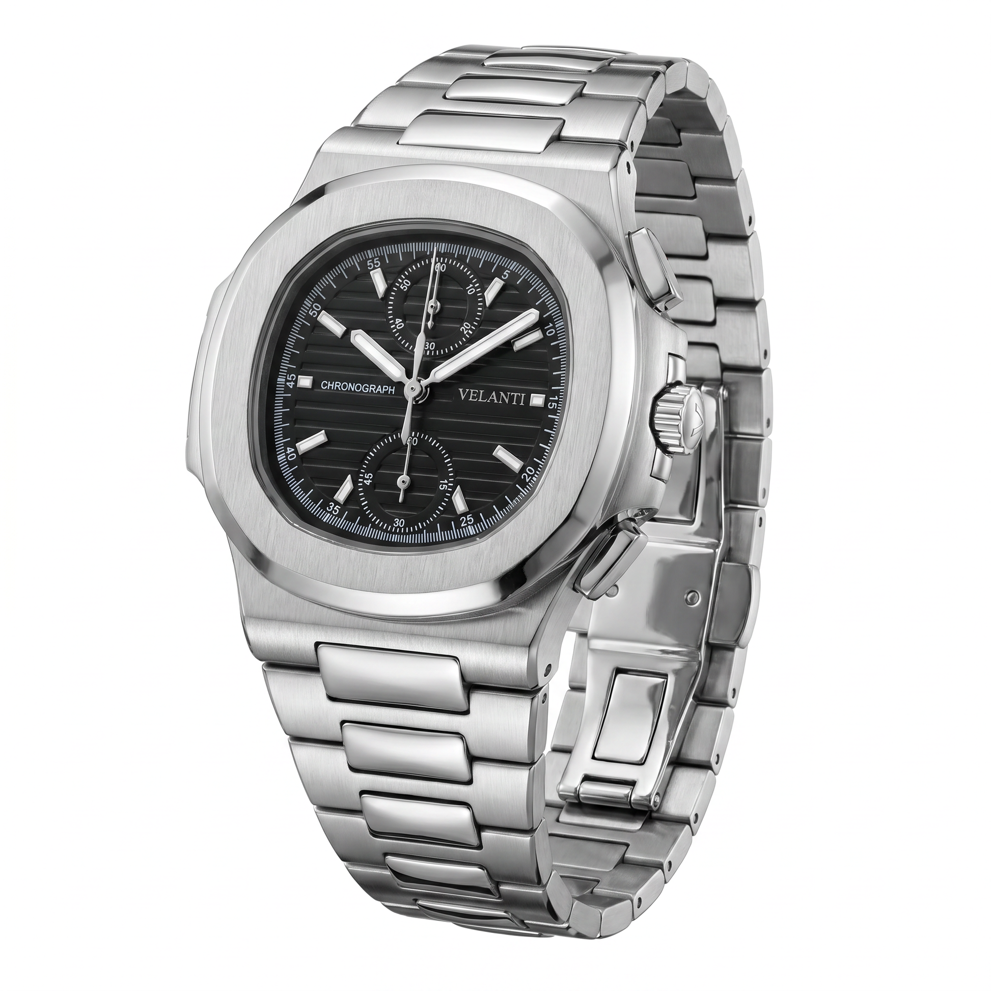 Nautilus-style custom chronograph watch, Velanti Milano Nautvel Chrono Black, product photo 6