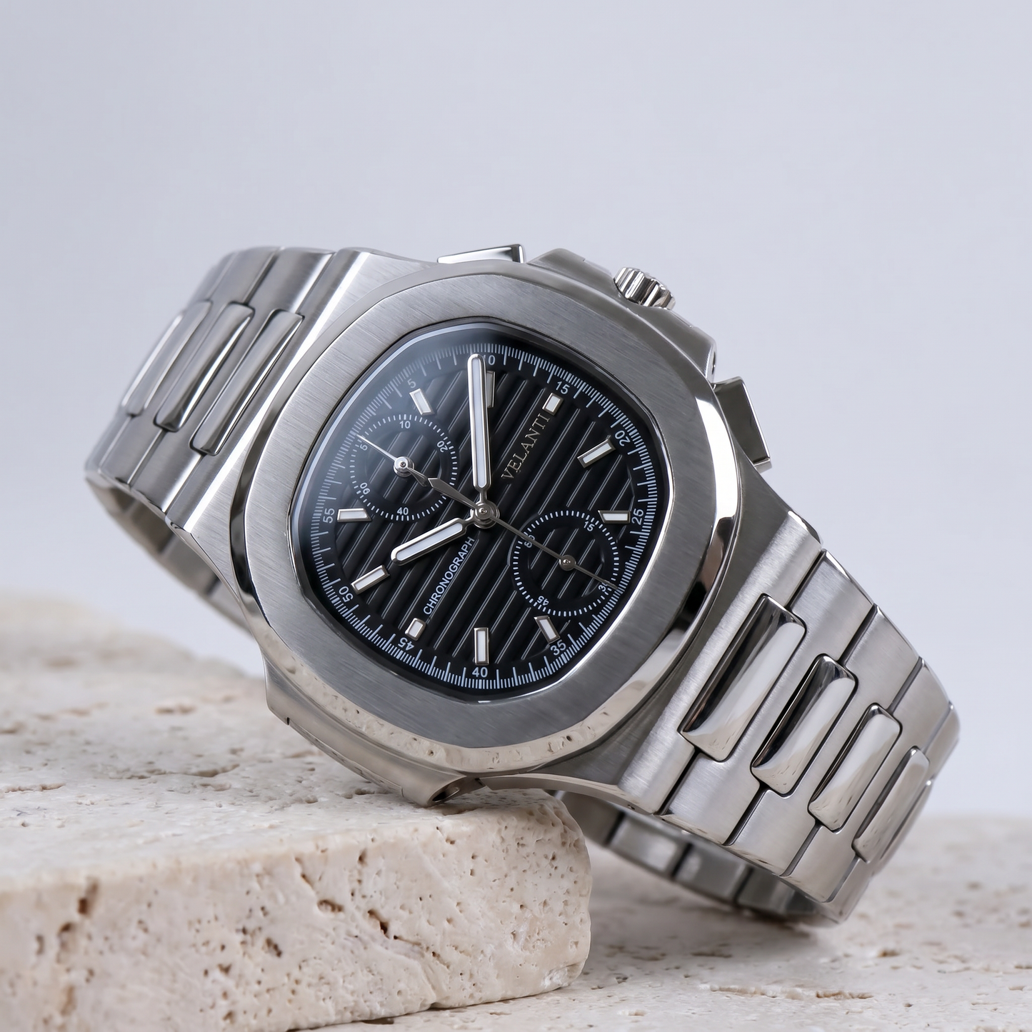 Nautilus-style custom chronograph watch, Velanti Milano Nautvel Chrono Black, product photo 2