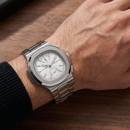 Nautilus-style custom chronograph watch, Velanti Milano Nautvel Chrono White worn on wrist photo 6