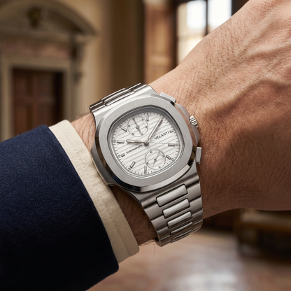 Nautilus-style custom chronograph watch, Velanti Milano Nautvel Chrono White, product photo 8