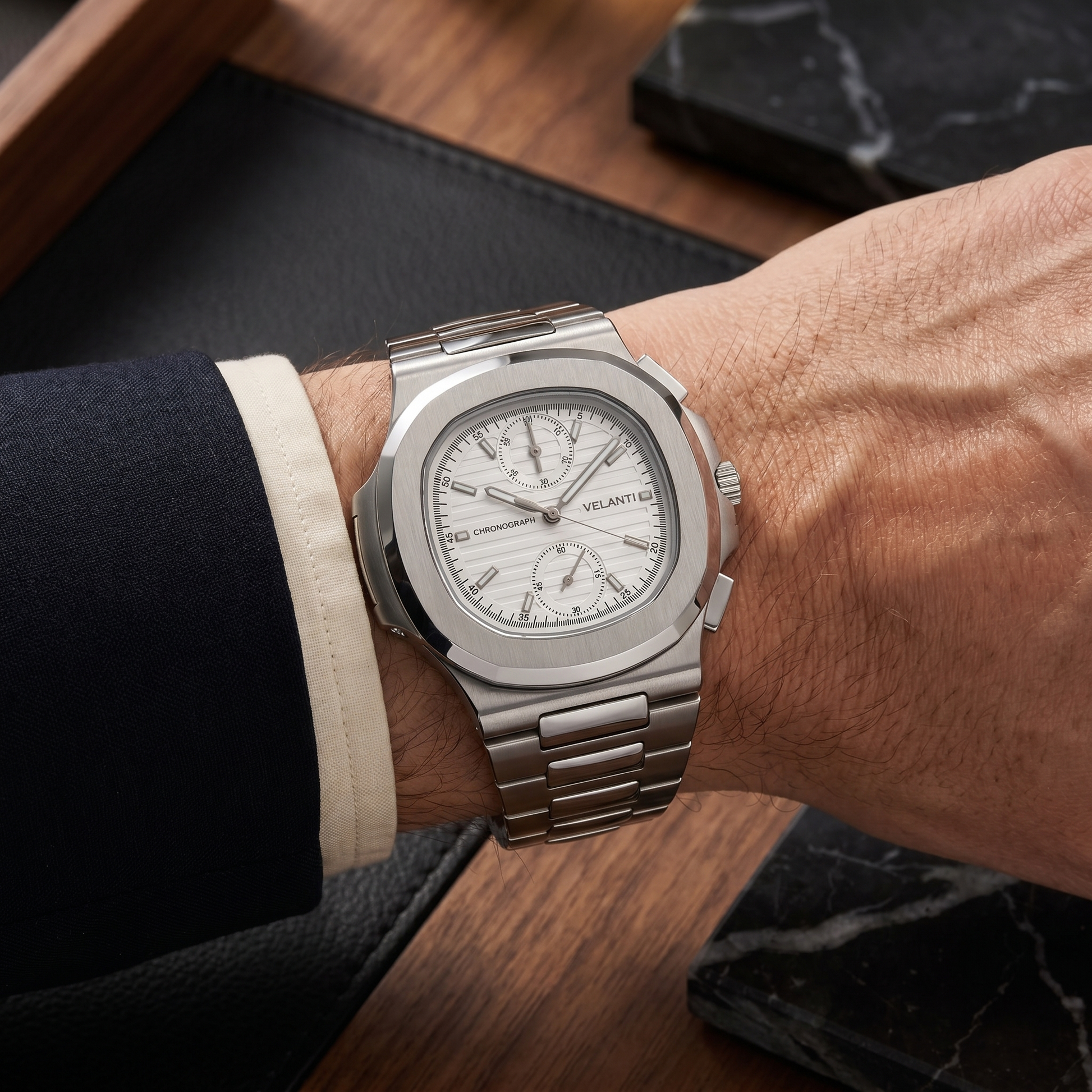 Nautilus-style custom chronograph watch, Velanti Milano Nautvel Chrono White worn on wrist photo 9