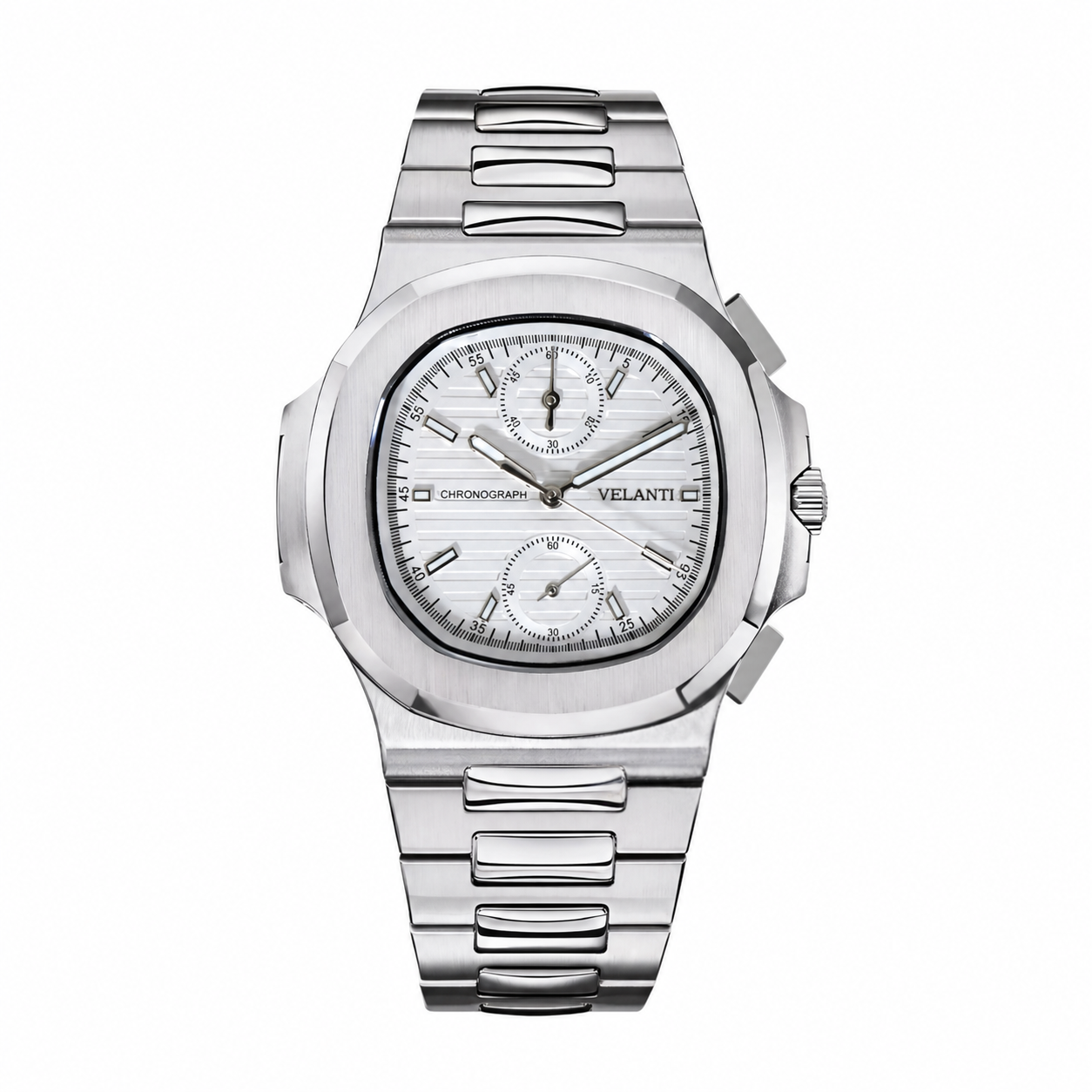 Nautilus-style custom chronograph watch, Velanti Milano Nautvel Chrono White, main product photo