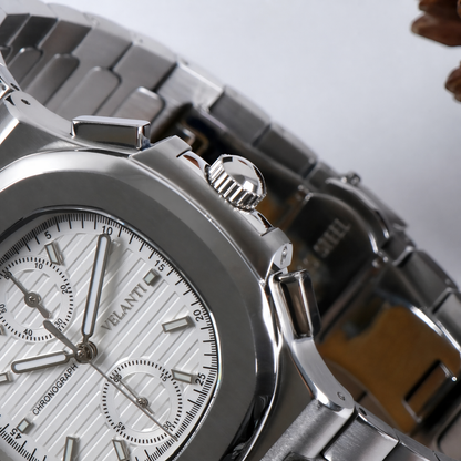 Nautilus-style custom chronograph watch, Velanti Milano Nautvel Chrono White, product photo 4