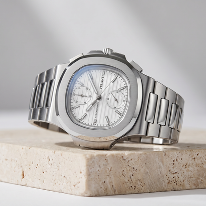 Nautilus-style custom chronograph watch, Velanti Milano Nautvel Chrono White, product photo 2