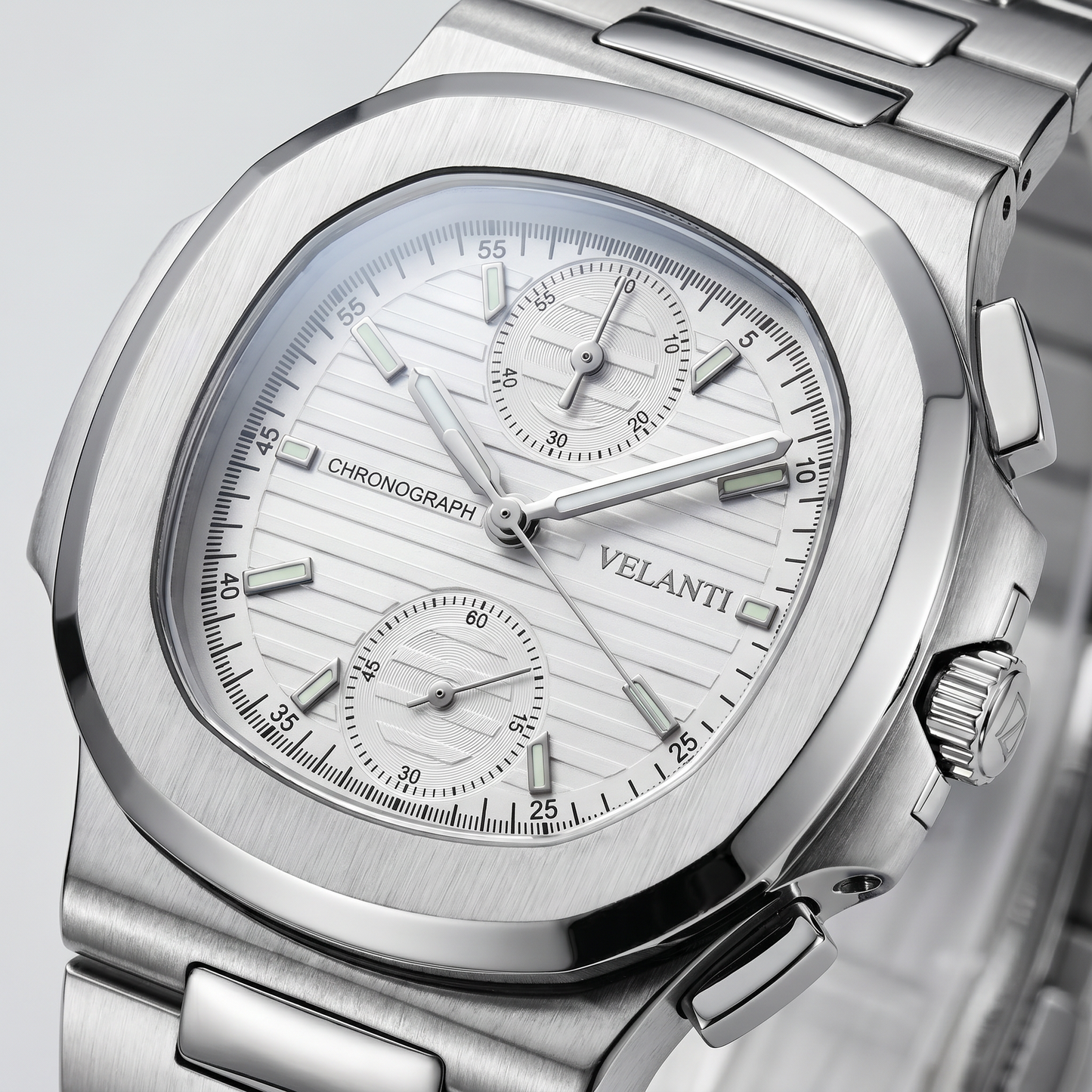 Nautilus-style custom chronograph watch, Velanti Milano Nautvel Chrono White, product photo 3