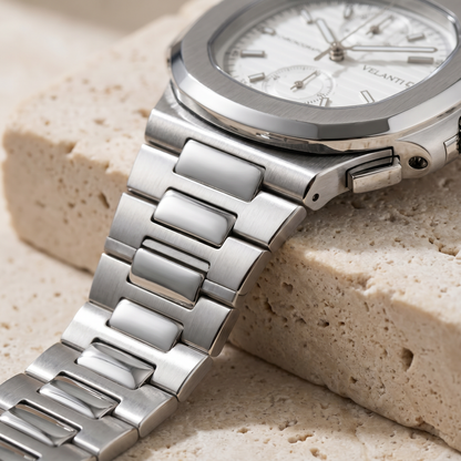 Nautilus-style custom chronograph watch, Velanti Milano Nautvel Chrono White, product photo 5