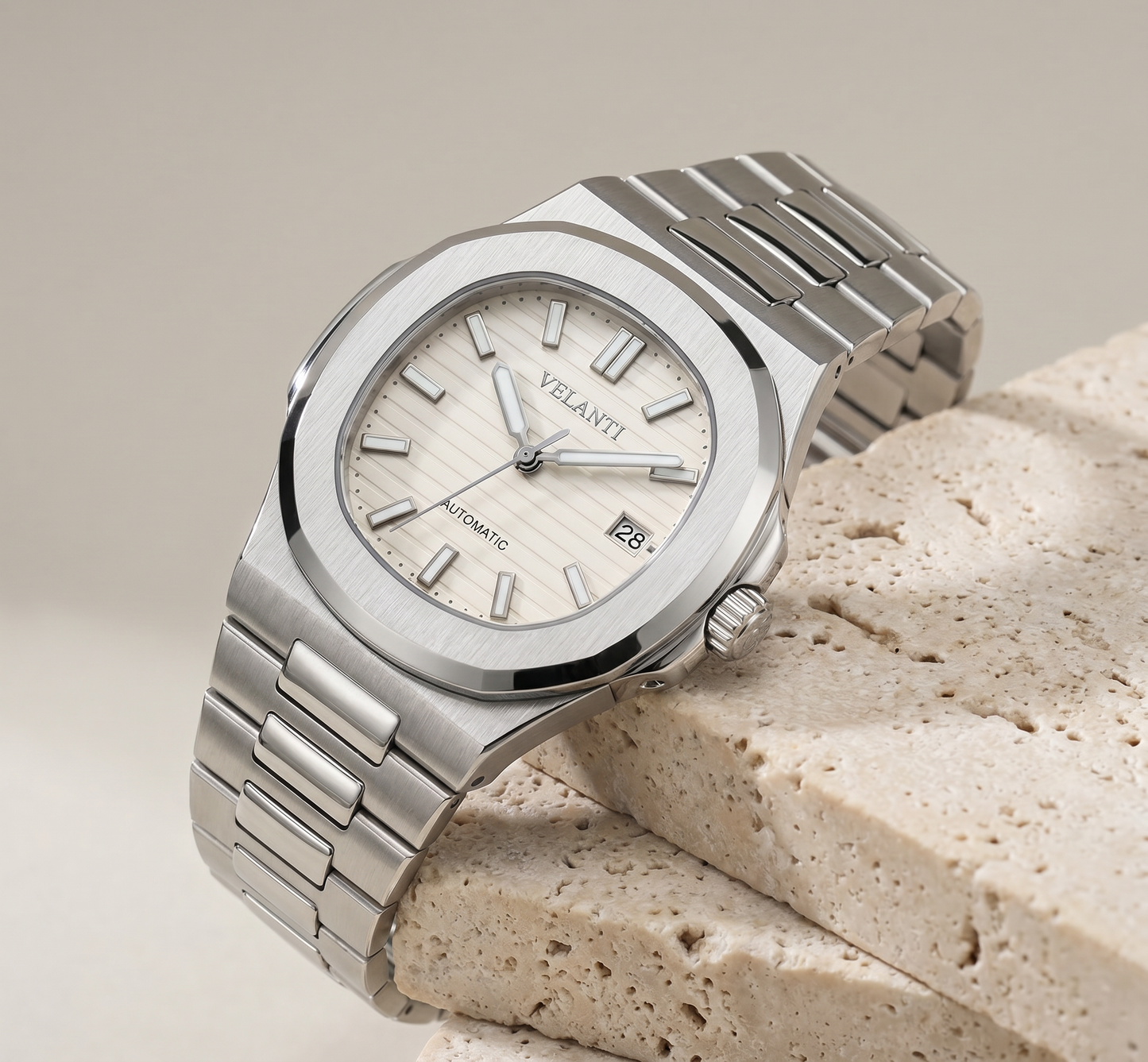Nautilus-style custom mod watch, Velanti Milano Nautvel Cream, product photo 2