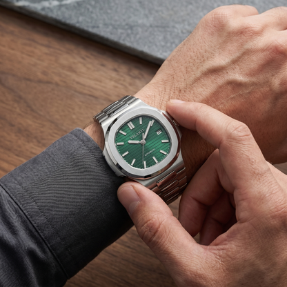 Nautilus-style custom mod watch, Velanti Milano Nautvel Metallic Green worn on wrist photo 3