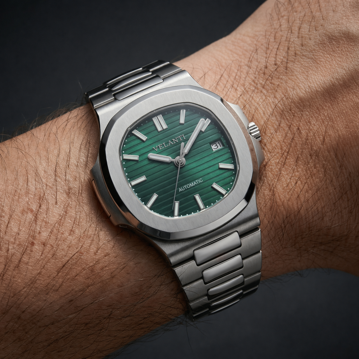 Nautilus-style custom mod watch, Velanti Milano Nautvel Metallic Green, product photo 7