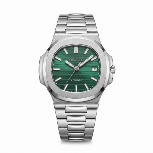 Nautilus-style custom mod watch, Velanti Milano Nautvel Metallic Green, main product photo