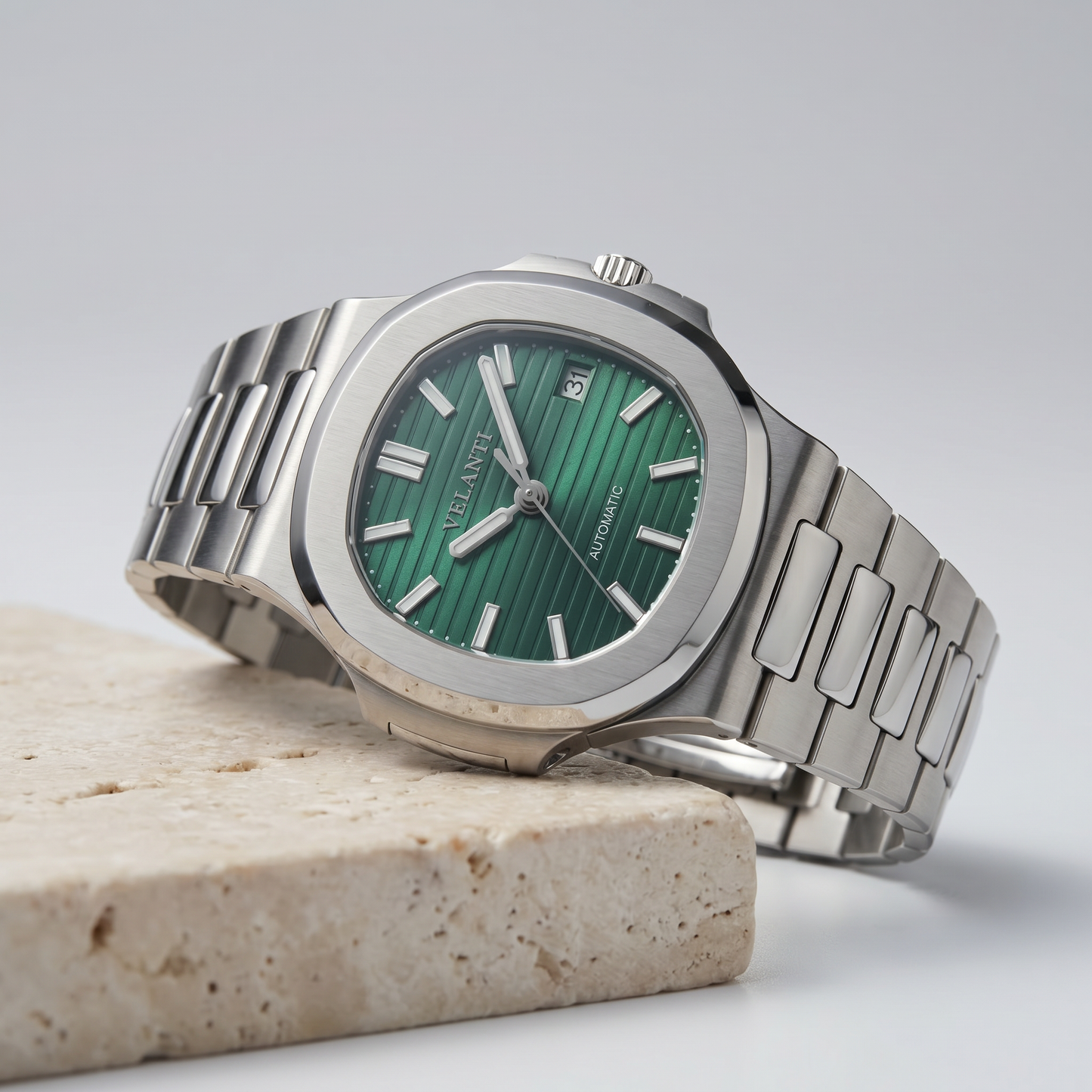 Nautilus-style custom mod watch, Velanti Milano Nautvel Metallic Green, product photo 4