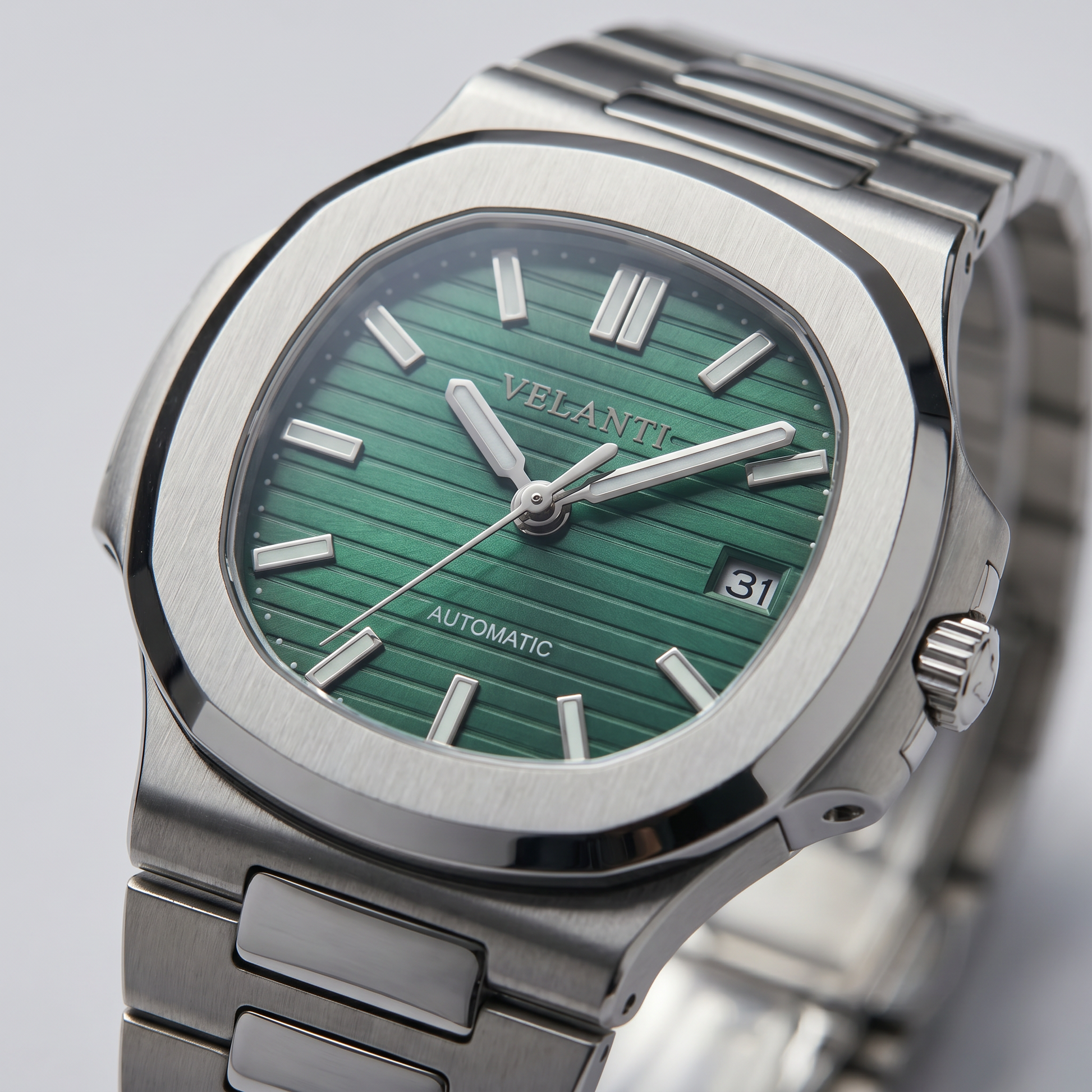 Nautilus-style custom mod watch, Velanti Milano Nautvel Metallic Green, product photo 5
