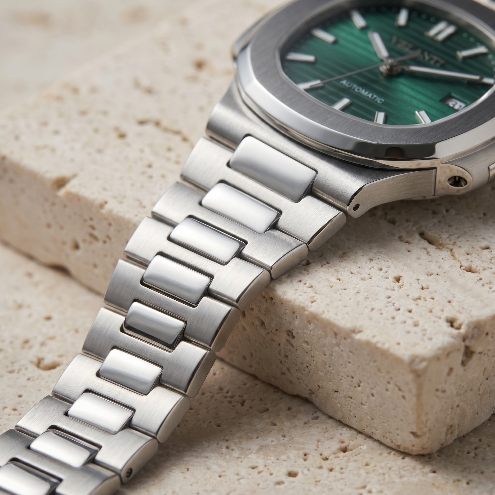 Nautilus-style custom mod watch, Velanti Milano Nautvel Metallic Green, product photo 8