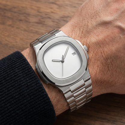 Nautilus-style custom mod watch, Velanti Milano Nautvel Minimalist Silver worn on wrist