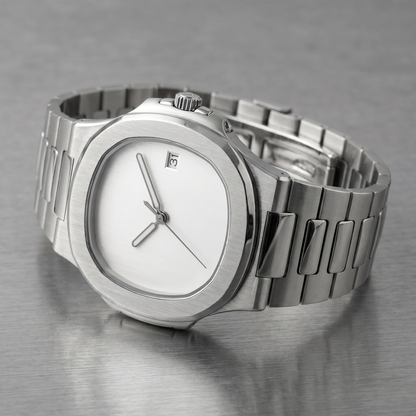 Nautilus-style custom automatic watch, Velanti Milano Nautvel Minimalist Silver, bracelet detail photo