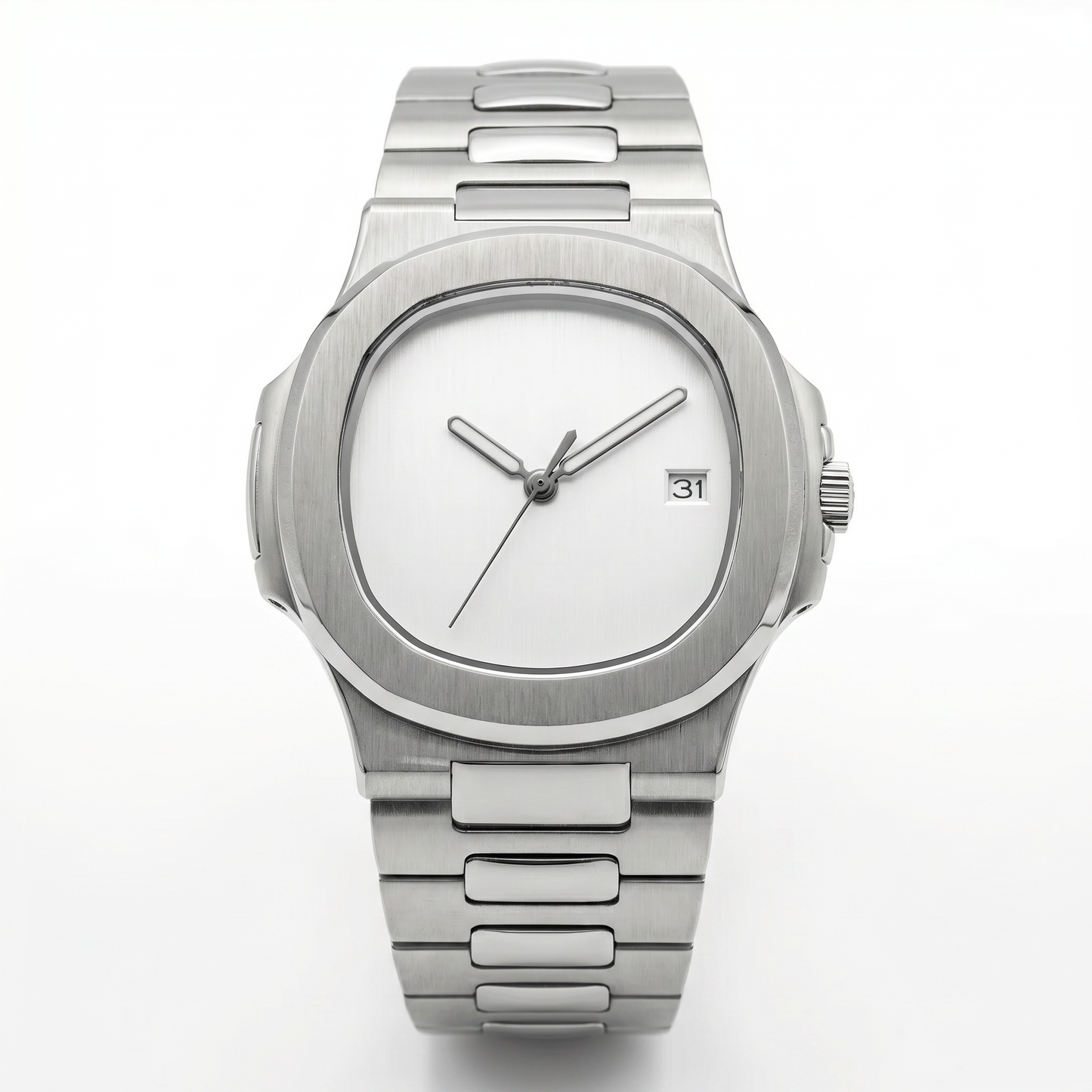 Nautilus-style custom mod watch, Velanti Milano Nautvel Minimalist Silver, main product photo