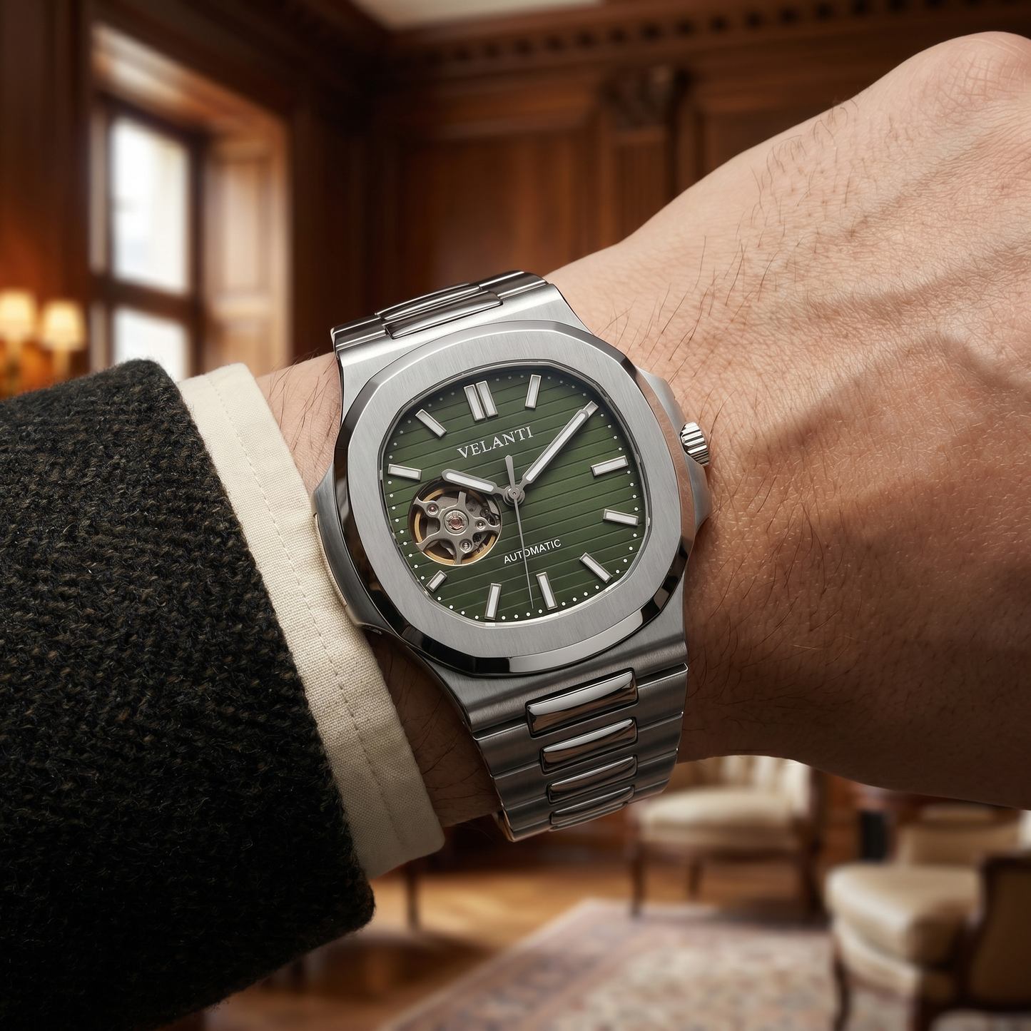 Nautilus-style custom mod watch, Velanti Milano Nautvel Olive Green Open Movement, product photo 8