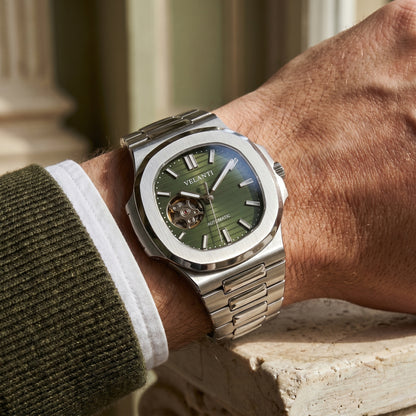 Nautilus-style custom mod watch, Velanti Milano Nautvel Olive Green Open Movement worn on wrist photo 2