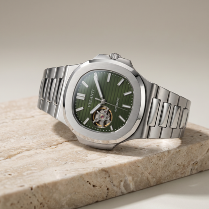 Nautilus-style custom mod watch, Velanti Milano Nautvel Olive Green Open Movement, product photo 3