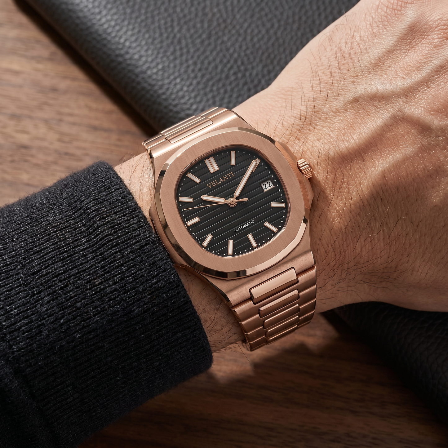 Nautilus-style custom mod watch, Velanti Milano Nautvel Rose Gold Black worn on wrist photo 4