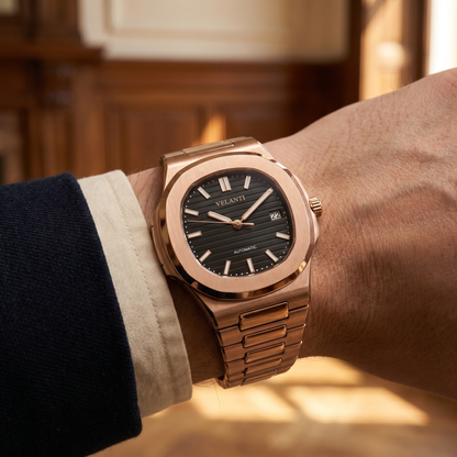 Nautilus-style custom mod watch, Velanti Milano Nautvel Rose Gold Black, product photo 6