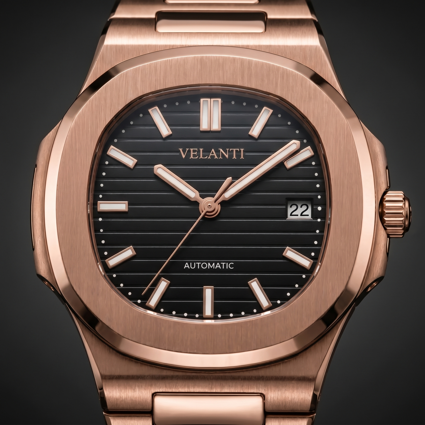 Nautilus-style custom automatic watch, Velanti Milano Nautvel Rose Gold Black, watch detail photo 7